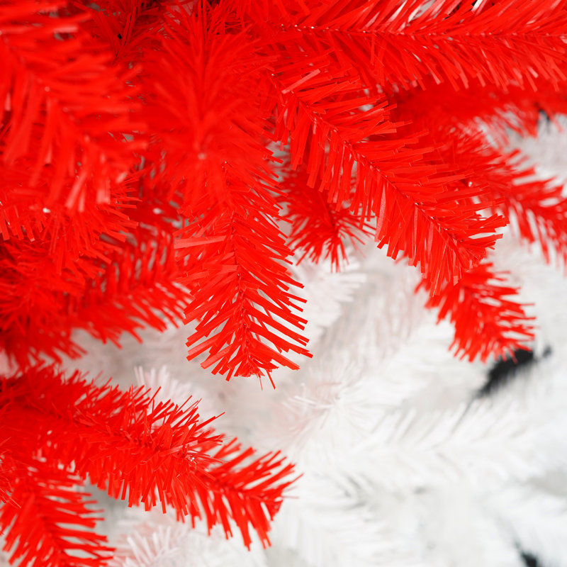 Arbre de Noël artificiel de 6 pi avec 300 lumières à DEL blanc froid, 1050 pointes de branches à charnières rouges et pour animaux de compagnie, conception en forme de chapeau courbé, support en métal de décoration intérieure à branches fantaisistes
