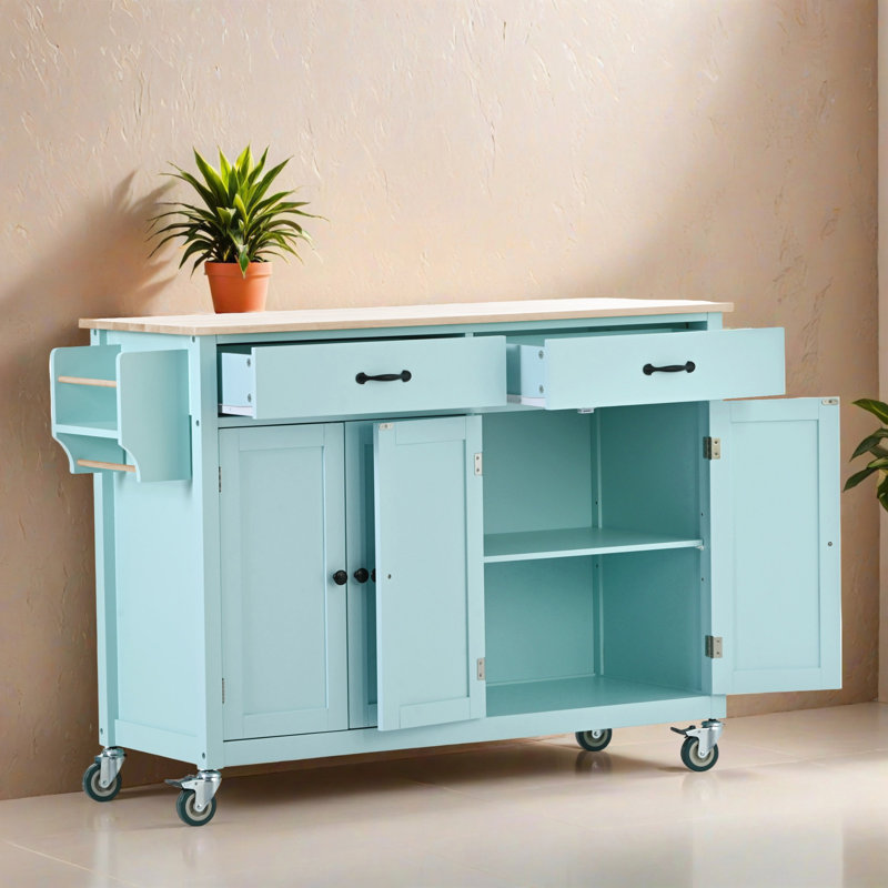 54.34" Rolling Mobile Kitchen Island with Solid Wood Top and Locking Wheels, Storage Cabinet and Drop Leaf Top, Spice Rack, Towel Rack for Kitchen