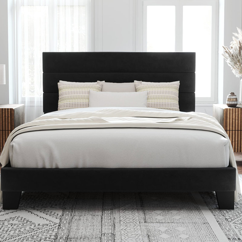 Structure de lit plateforme avec tête de lit tapissier en tissu et support en lattes de bois, Noir, Grand lit