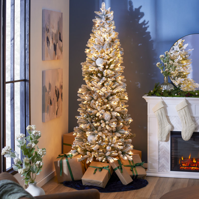Home Heritage 7 Foot Slim Pine Prelit Flocked Artificial Christmas Tree