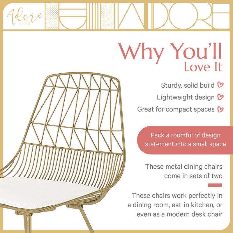 Chaise éclectique moderne en métal Adore Decor Vivi Boho pour cuisine ou salle à manger, Or