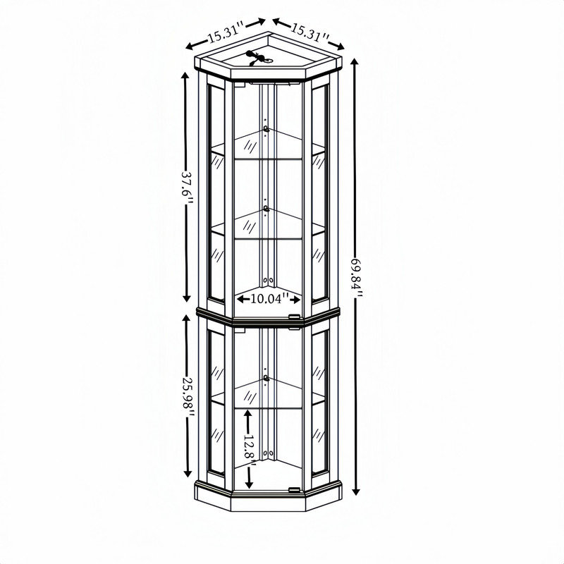 Corner Glass Cabinet Lighted Curio Cabinet Corner Display Case For Living Room, Curio Cabinet, Antique Collection, Wine,Bar Glass Storage Light Included