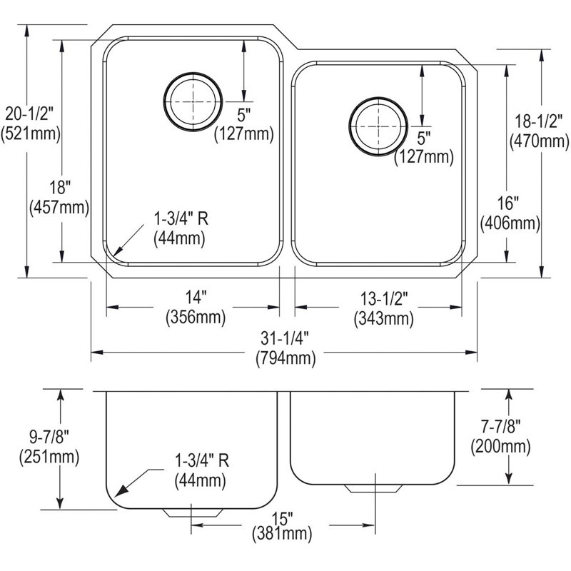 Ensemble d'évier de cuisine à double cuve encastrable L 31,25 po x l 20,5 po Lustertone