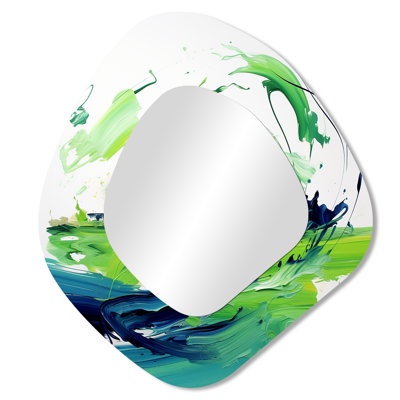 Highlandville vert et bleu surréel charme tourbillonnant I - miroir de forme unique abstrait, miroir mural asymétrique vert unique, art imprimé en métal