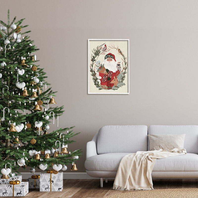 Père Noël, vacances, faune, feuille, bordure botanique, encadré noir, art texturé par Laura Konyndyk