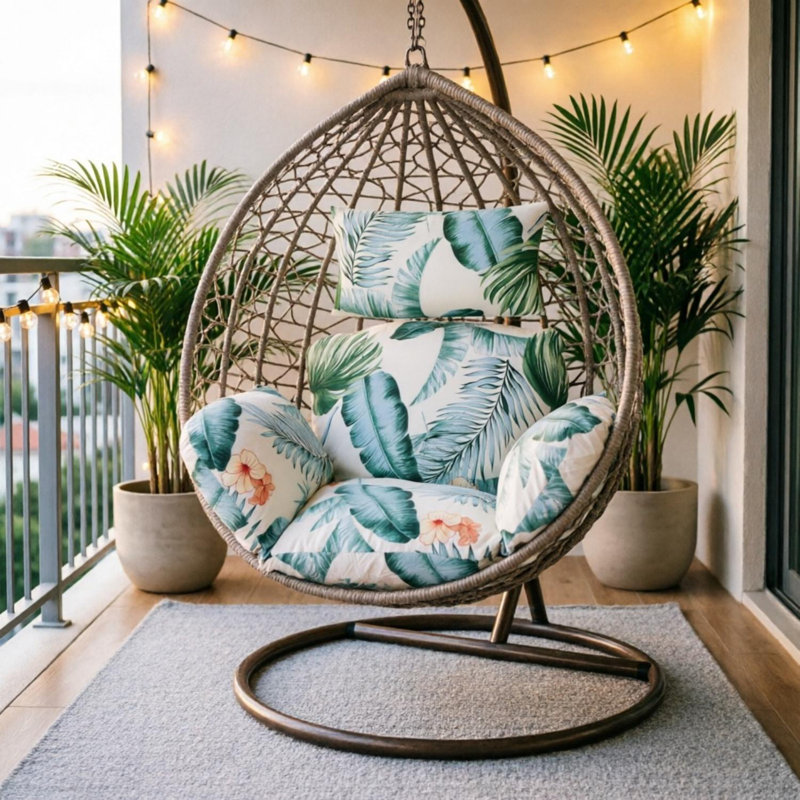 Egg Chair Cushion with Headrest Outdoor Indoor Vacuum Packaged, 45.28x49.21x5.5in, Beige Blue Leaf
