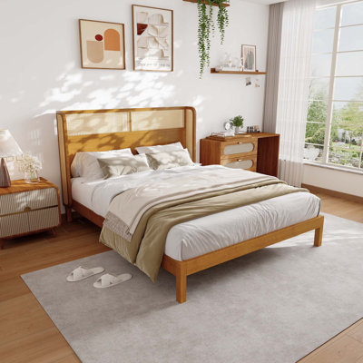 Harkless Mid-Century Modern Rubber Wood Platform Bed With PE Rattan Headboard