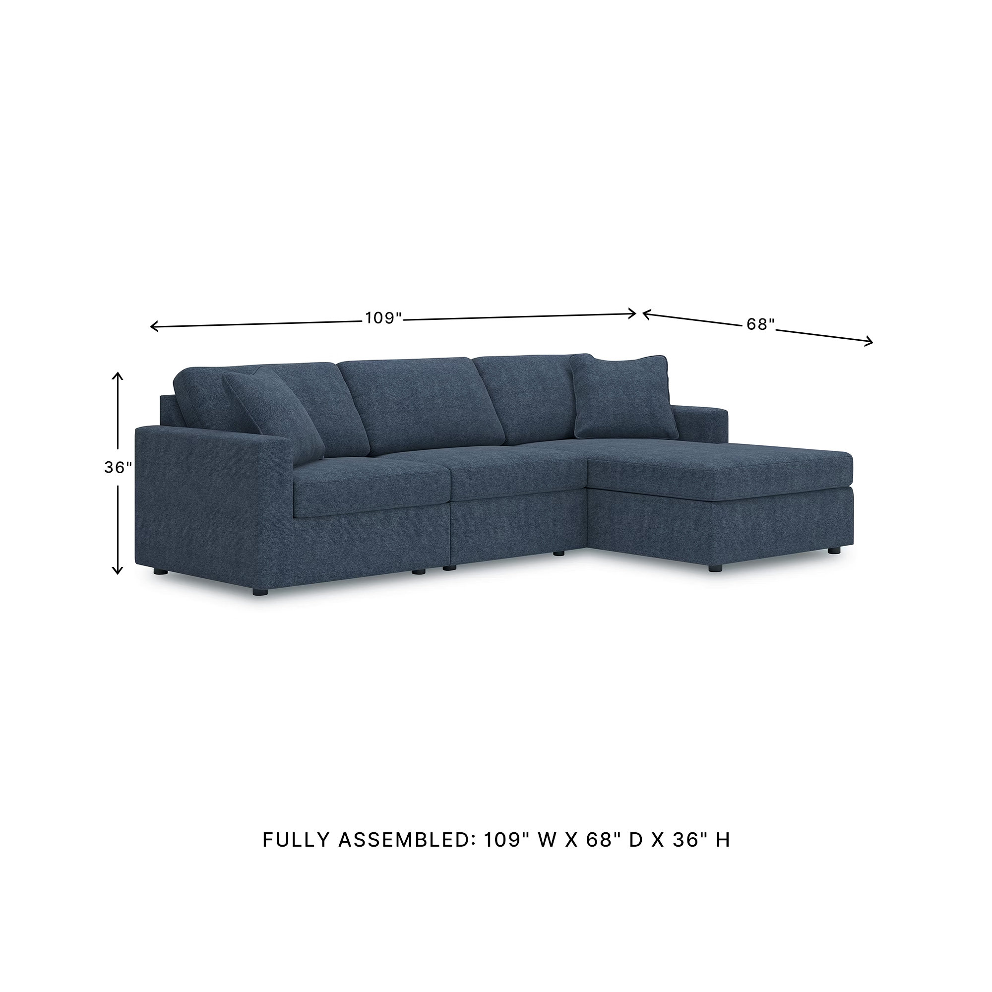 Bulwell Sectional With Chaise, 36" H x 109" W x 68"D, Right Hand Facing, Blue Polyester