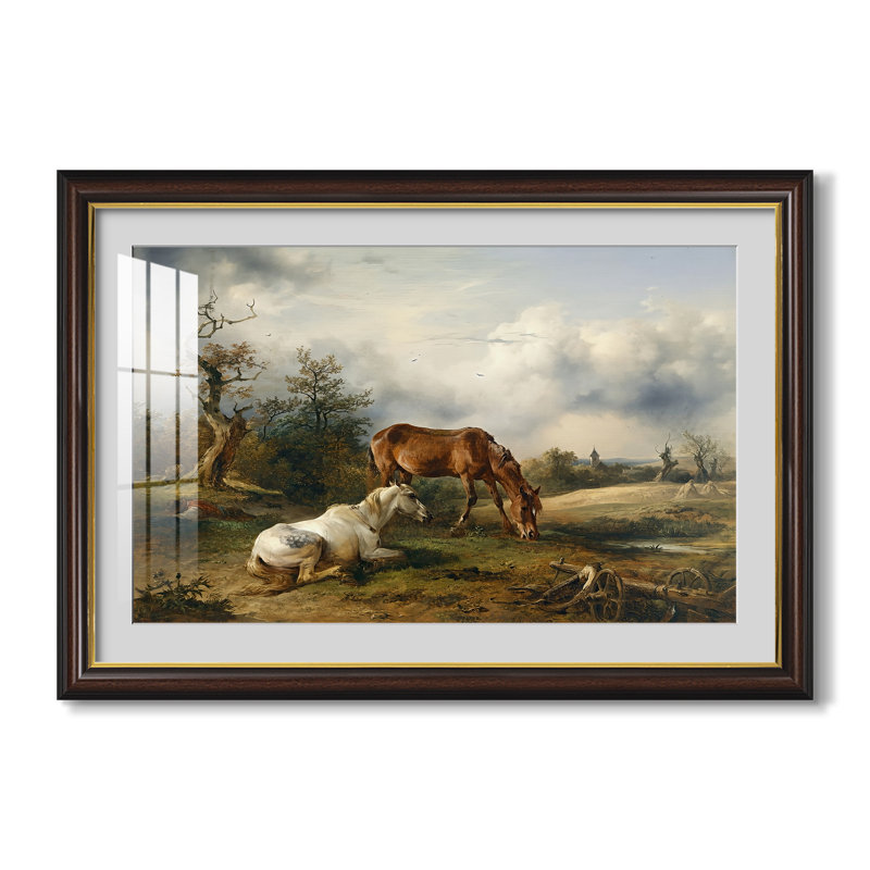 Deux chevaux au pré, vers 1825 - Friedrich Gauermann - Estampe encadrée sur mesure, Dimensions intérieures 24 po x 34 po