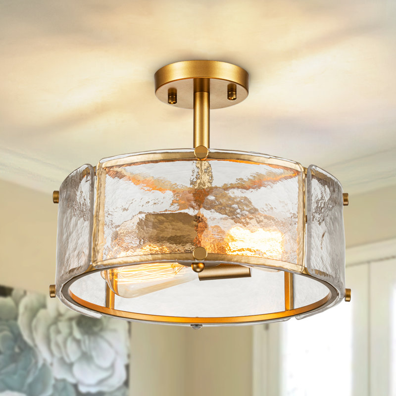 Kourtney 2-Light Caged Glass Drum Semi Flush Mount, Gold