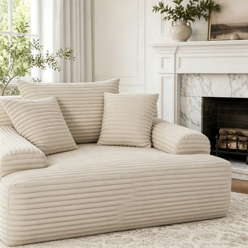 Chaise longue convertible sans assemblage avec accoudoirs larges, coussins et velours côtelé moelleux, Tissu blanc