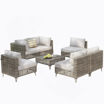7-Piece Wicker Patio Furniture Set, Outdoor Conversation Set Sectional Sofa With Water Resistant Grey Thick Cushions And Coffee Table For Outdoor Couch, Porch, Backyard - Grey