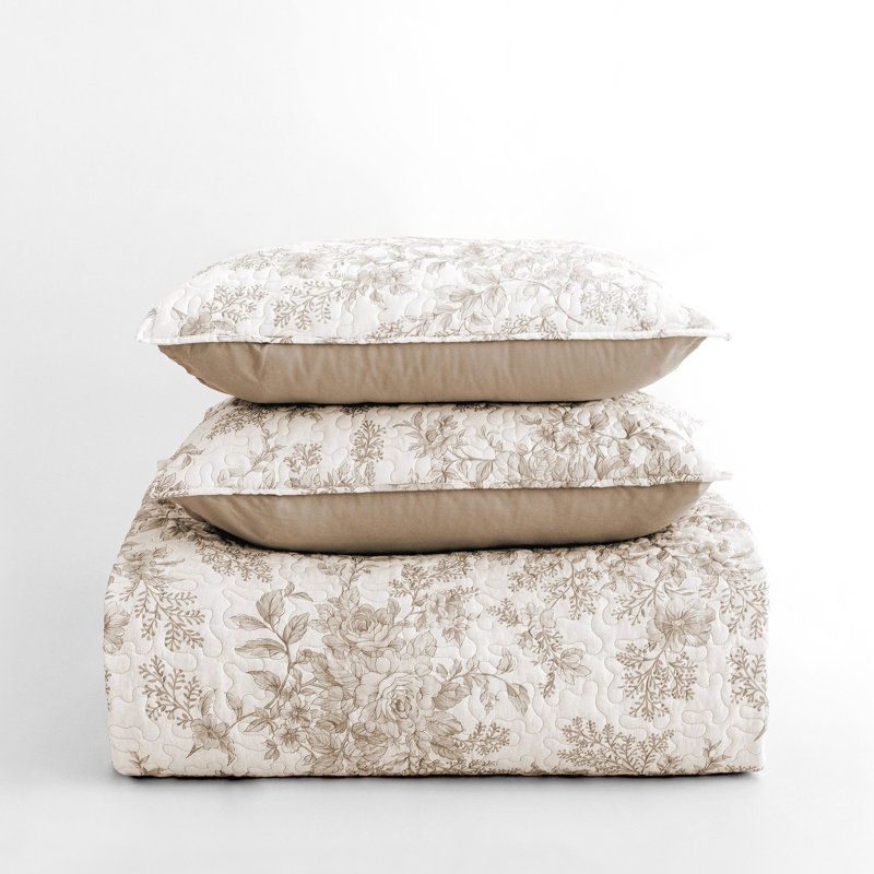 Wonderful Floral Quilt Set 3 Piece, Cotton Blend Bedding-100% Cotton Front, Full/Queen + 2 Standard Shams, Taupe