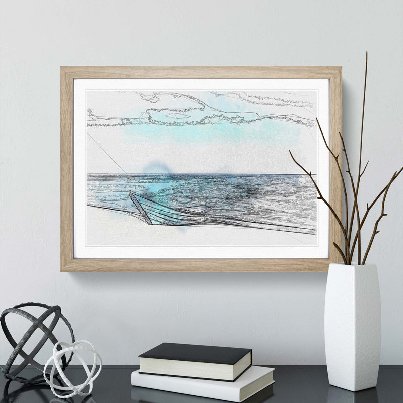 Blue Boat upon the Beach in Abstract - Picture Frame Drawing Print, 27cm H x 36cm W x 2cm D, Oak Framed