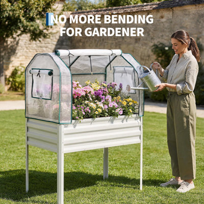 Jardinière surélevée en métal galvanisé avec pieds, bâche de serre argentée en PE, système d'irrigation intégré à 3 buses, protection contre les oiseaux, idéale pour les légumes, les fleurs et les herbes aromatiques (122 x 61 x 140 cm). Dimensions : 122 x 61 x 140 cm.