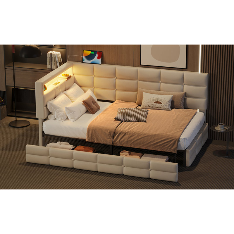 Lit de jour simple rembourré beige avec station de charge, 2 tiroirs et lumières DEL à changement de couleur, taille 7 options