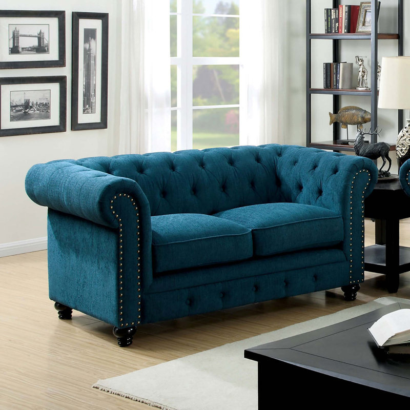 Contemporary   1Pc Loveseat Button Tufted Couch Rolled Arms Nailhead Trim Leatherette