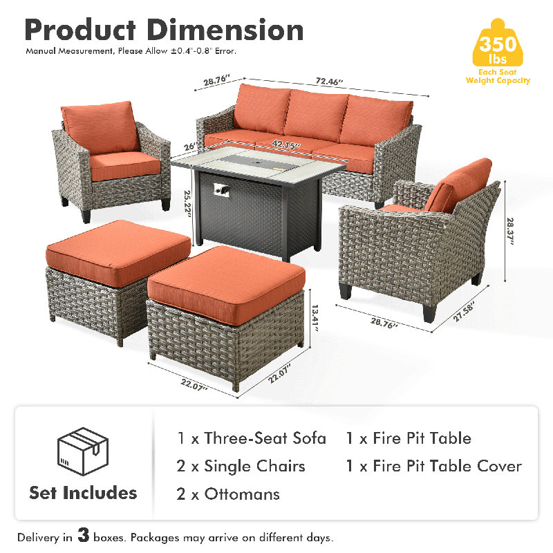 Harbin Wicker Rattan 7 - Person Outdoor Seating Group With Fire Pit Table, Armchairs And Ottomans, Orange