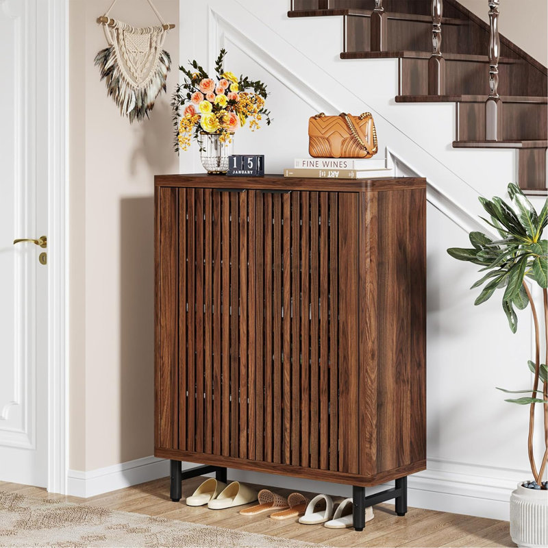 33.46" Modern Walnut Wooden  6-Tier Shoe Cabinet With Louvered Doors, Walnut