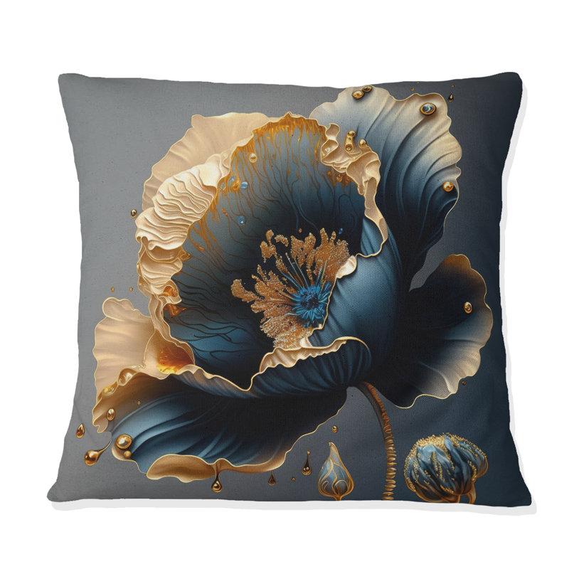 Deep Blue And Gold Single Flower IV - Floral Printed Pillow, 16"H x 16"W, Square