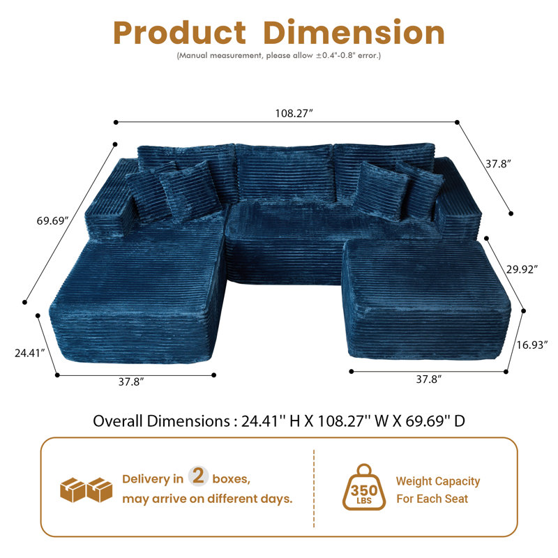 108” Modular Sectional Sofa With Ottoman, Deep Seat U-shaped Cloud Couch, Boneless Comfort, No Assembly Required
