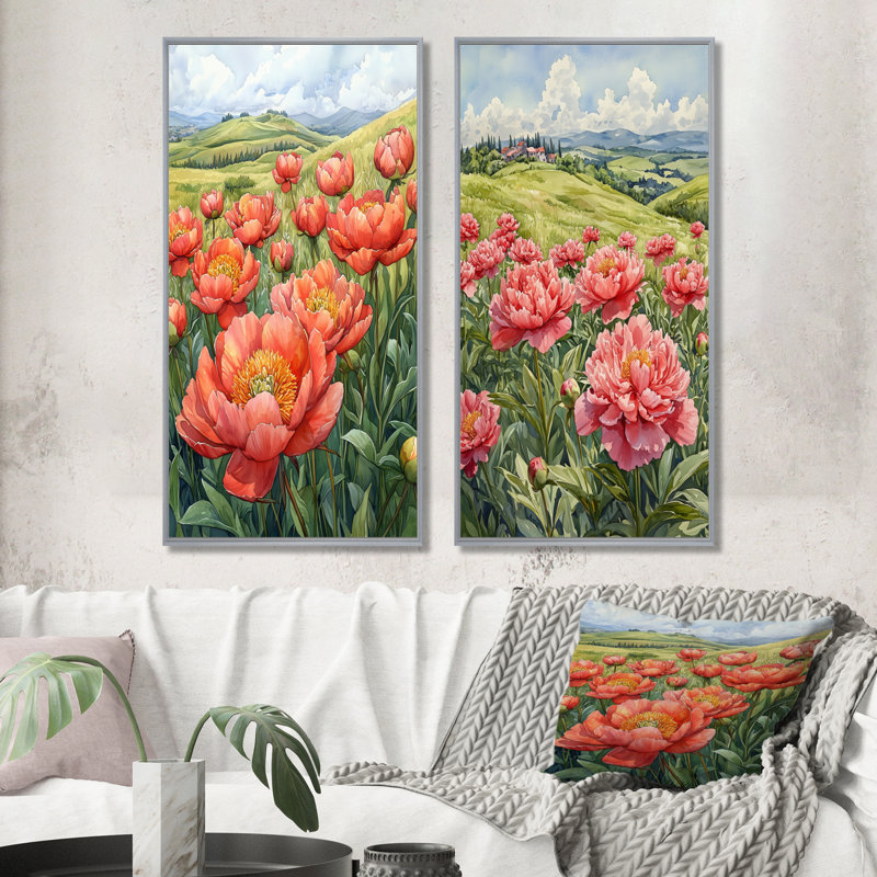 Pivoines dans la prairie roulante I - Art mural floral 2 panneaux, H 40 po x l 41 po, Encadrement argenté