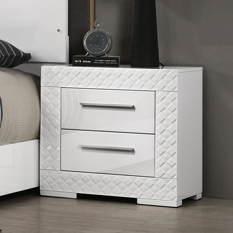 Table de chevet blanche moderne à 2 tiroirs avec quincaillerie, finition ultrabrillante et bois d'ingénierie