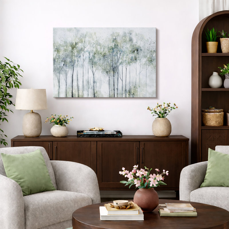 Abstract Forest "Muted Pastel Green Trees Artwork, Modern Watercolor Painting Wall Pictures, Large Framed Canvas Giclee Print Wall Art"