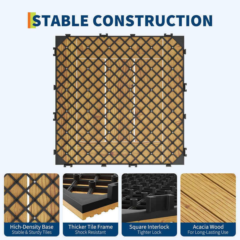 Wood Interwoven Deck Tiles, Easy Snap Install, 22, Brown