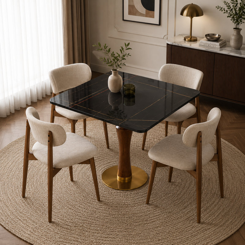 Table de salle à manger 33,5 po ronde en pierre frittée avec base en bois d'hévéa massif et base en acier inoxydable brossé doré, table de salle à manger moderne pour 2 à 4 personnes