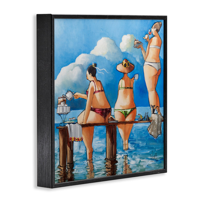 «Whimsical Summer Beach Lady» par Ronald West - peinture à cadre flottant sur bois, Giclée encadrée noir minuit