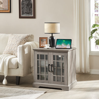 Farmhouse Square End Table with Charging Station&Adjustable Storage Shelf