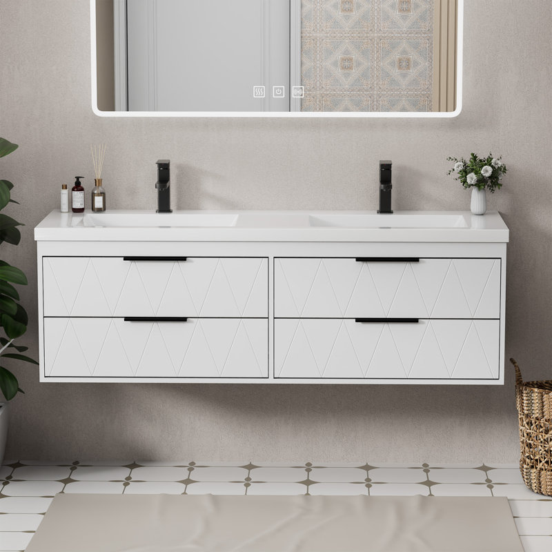 Ensemble de meuble-lavabo mural moderne 60 po avec plateau en résine Ciarra Shavon, armoire flottante peinte résistante à l'eau, tiroirs à fermeture en douceur