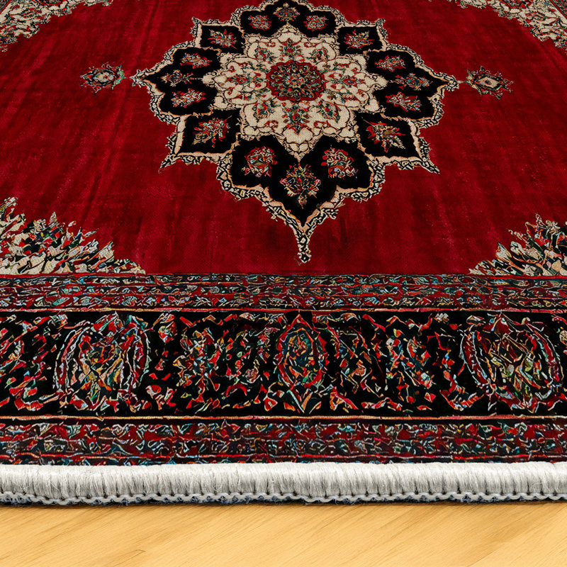 Guria Red/Brown/Burgundy Oriental Vintage Look Machine Printed Cotton Chenille Area Rug, Rectangle 5'3" x 6'7"
