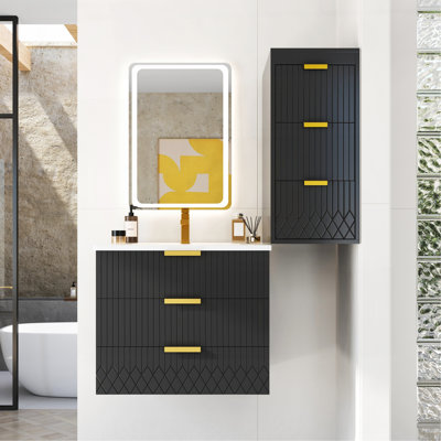 Armoire flottante murale 24 po avec armoire latérale, meuble-lavabo rectangulaire, petit lavabo de salle de bain avec trou de robinet simple et trop-plein, armoire de salle de bain moderne avec lavabo en céramique