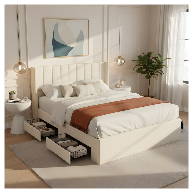 Queen Upholstered Storage Bed with 4 Drawers, Beige Chenille Fabric Platform Bed Frame, Queen