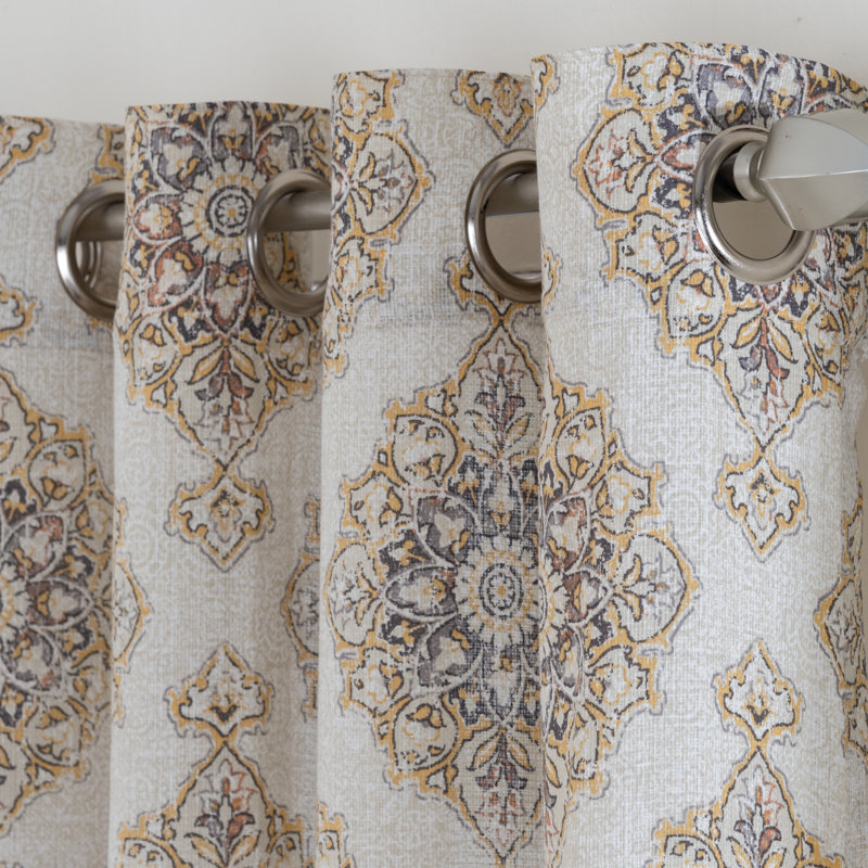 Quintara Polyester / Cotton Light-Filtering Medalion Print Curtain Panel with Grommet Top, 50" W x 95" L, Yellow/Gray