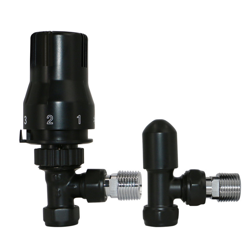 Angled Thermostatic Manual Radiator Heated Towel Rail Valves Black One Pair