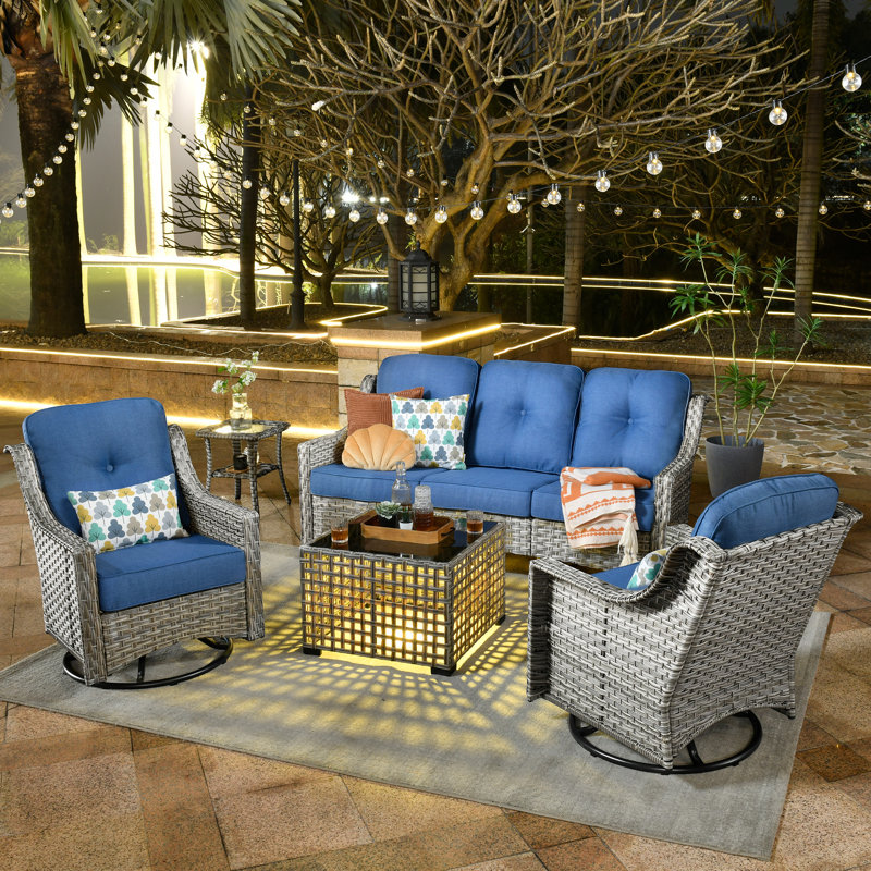 Emanuell 5 - Person  Patio Conversation Sets, Premium All-Weather Wicker Patio Sofa Set with Cushions, Blue