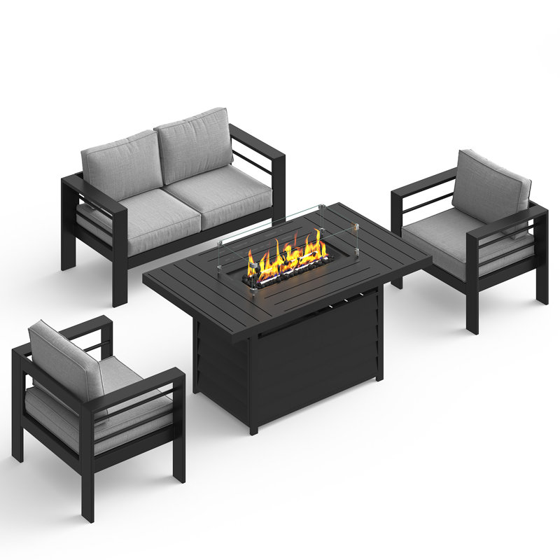 Brandtley 4 - Person Outdoor Seating Group With Cushions And 55' Fire Pit Table, Gray