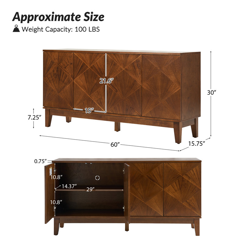 Camellon Mid-century 60" Wide Solid Wooden Legs Sideboard with Adjustable Shelves