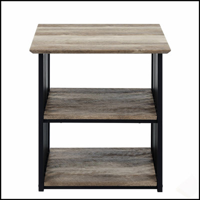 Table de chevet à 3 tablettes en chêne antique et noir au charme rustique et au design industriel moderne, parfaite pour le rangement et l'organisation de la chambre à coucher.