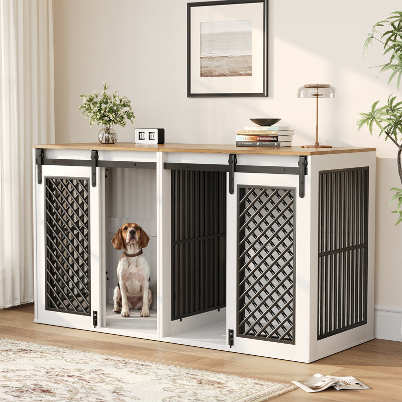 61" W Separable Large Dog Crate Furniture with Divider – Versatile Design for Multiple Dogs and Spaces, White+Brown