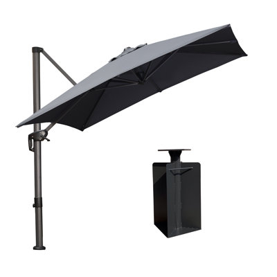 Sefton 8' Square Tilt Cantilever Gray Umbrella with Base in Ground and Crank Lift Counter Weights Included