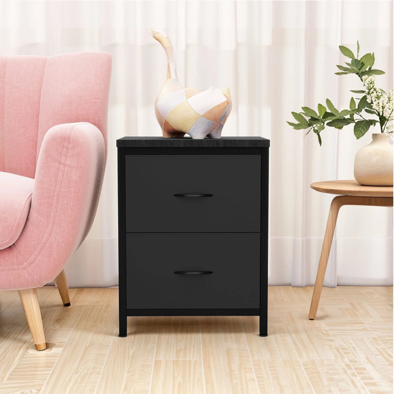 Nightstand, Set Of 2 Bedside Table With 2 Storage Drawers, Wooden Top Fabric Cabinet Kids Mini Dresser For Bedroom, Closet, Entryway, College Dorm