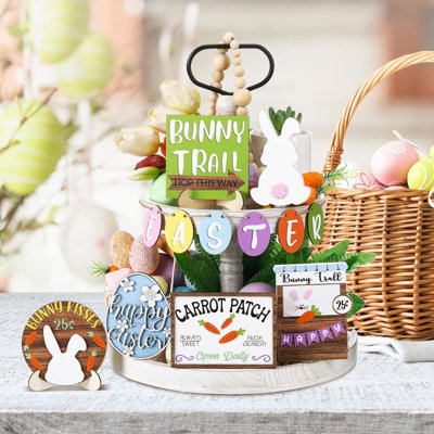 Kaiesha 12 pièces décorations de Pâques, sentier de lapin, carotte, plateaux à niveaux, Joyeuses Pâques, plateaux à niveaux pour la fête de Pâques, décorations de cuisine rustique (carotte)