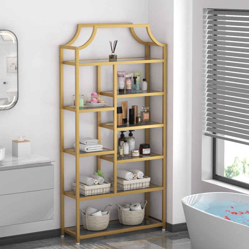 70.87" H Open Shelf Bookcase With Glass Shlves, 8-Tier Modern Display Shelf With Gold Finish Metal Frame