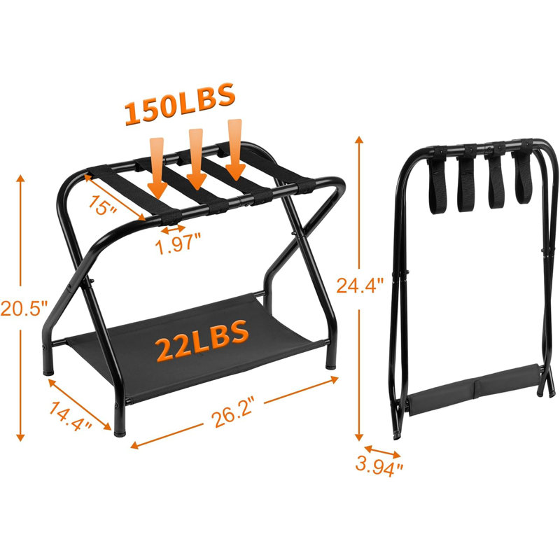 Porte-bagages, support de valise pliable en métal avec tablette inférieure, pour chambre d'amis, chambre d'hôtel, maison de vacances
