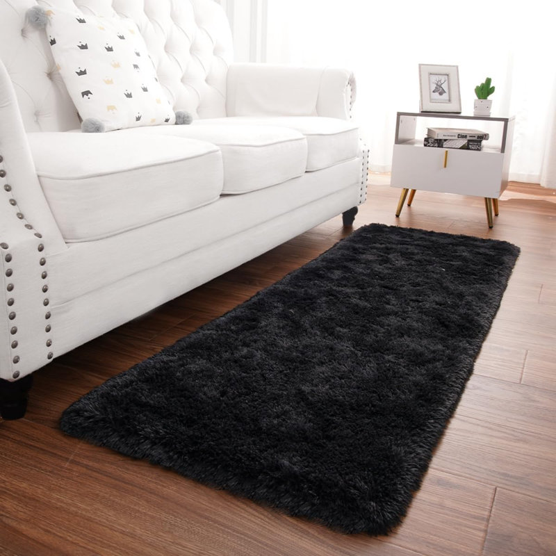 Black Runner Rug For Bedroom 2X6 Feet, Fluffy Shag Area Rugs For Living Room Nursery, Fuzzy Furry Bedside Rug For Girls Kids Baby Room, Modern Indoor Comfy Plush Carpet Décor