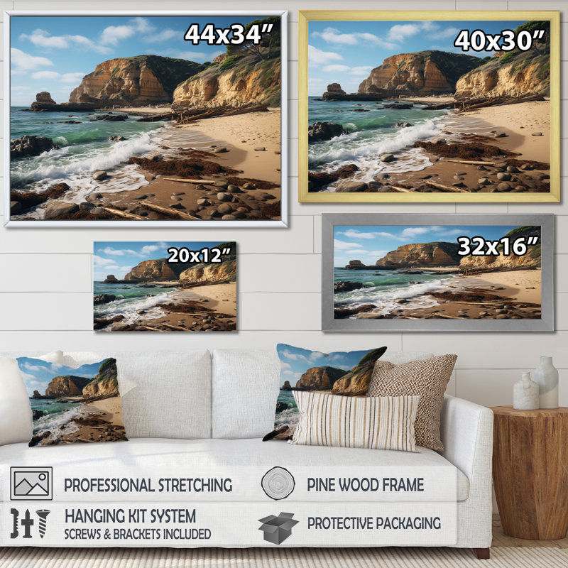 " Rocky Beach Majestic Cliffs III ", Natural Floater Framed, 30" H x 40" W x 1.5" D
